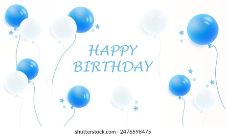 Happy Birthday Celebration Card Banner Template - Blue and White Balloon, Party Ribbon Background.