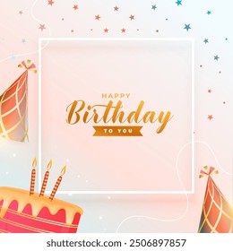 happy birthday celebration card with bday cake and hat design vector