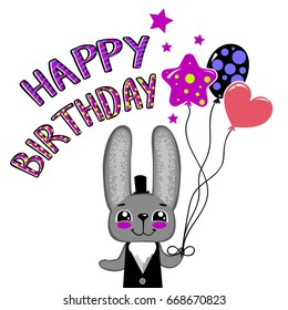 Happy birthday. Celebration card with colorful hand written words, rabbit wearing in black vest and hat, hold three balloons. Funny childish poster