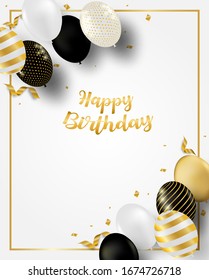 Happy Birthday Celebration Card. Design With Black, White, Gold Balloons And Gold Foil Confetti. White Background. Vector.
