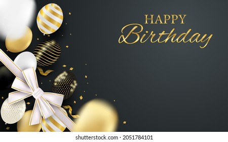 Happy Birthday celebration card. Design with black, white, gold balloons and gold foil confetti. luxury black background. vector.