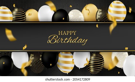 Happy Birthday celebration card. Design with black, white, gold balloons and gold foil confetti. luxury black background. vector.