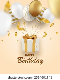 Tarjeta de celebración de feliz cumpleaños. Diseño con globos de oro y caja de regalo. fondo suave de oro de lujo. Vector.