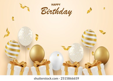 Tarjeta de celebración de feliz cumpleaños. Diseño con globos de oro y caja de regalo. fondo suave de oro de lujo. Vector.