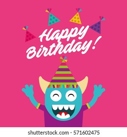 happy birthday celebration card with monster vector illustration design