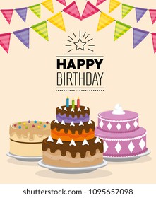 happy birthday celebration card with sweet cake and garlands