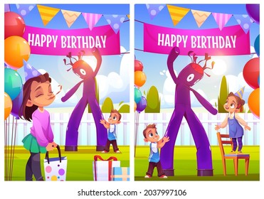 Happy birthday celebration cartoon posters or greeting cards. Girl celebrate party with friends on house backyard with waky air man and festive decoration children outdoors fun, vector illustration