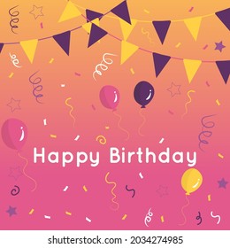 Happy birthday celebration colorful design for greeting cards, posters or banners with balloons, flags and falling confetti. Vector illustration