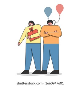 Happy Birthday Celebration Concept. Couple With Gift Box And Balloons. Woman Holds a Present Box. People Have An Occasion To Celebrate Birthday. Cartoon Linear Outline Flat Style. Vector Illustration