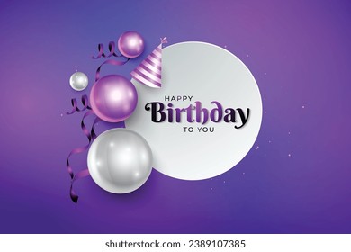 Happy birthday celebration concept design template with birthday party typography in modern trendy light glowing purple banner background