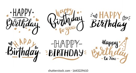 Happy birthday celebration concept. Greeting birthday party lettering with celebration hand drawn elements, decorative invitation card vector set. anniversary black and gold handwritten inscription