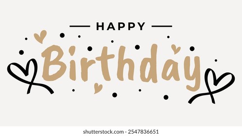 Concepto de celebración de feliz cumpleaños. Letras de la fiesta de cumpleaños de saludo con Elementos dibujados a mano de celebración, conjunto de Vectores de tarjeta de invitación decorativa. aniversario negro y oro escrito a mano