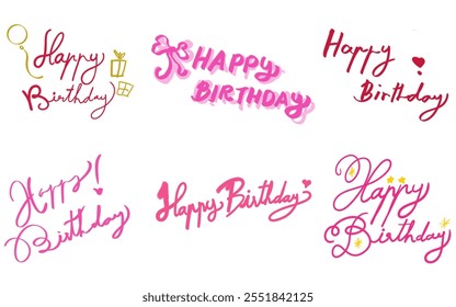Happy birthday celebration concept. Greeting birthday party lettering with celebration hand drawn elements, decorative invitation card vector set. anniversary black and gold handwritten inscription 