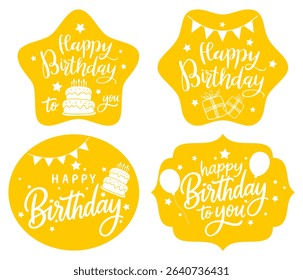 Happy birthday celebration concept. Greeting birthday party lettering with celebration hand drawn elements, decorative invitation card vector set. anniversary black and gold handwritten inscription