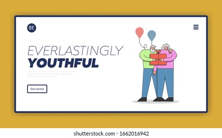Happy Birthday Celebration Concept. Website Landing Page. Elderly People With Gift Box And Flying Balloons. Man Give a Present To The Woman. Cartoon Linear Outline Flat Vector Illustration