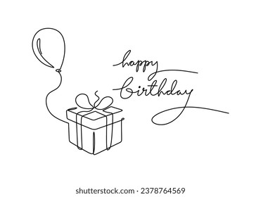 Happy birthday celebration. Continuous line drawing. Single outline with gift box and balloon. Vector illustration isolated on white background. Minimalist design handdrawn.