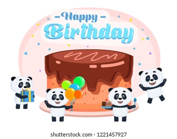 Happy birthday celebration. Cute little pandas stand near big birthday cake and celebrate. Poster for web page, banner, social media, presentation. Flat design vector illustration