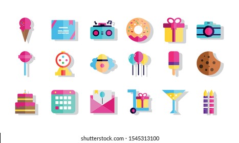 happy birthday celebration decoration icons set vector illustration