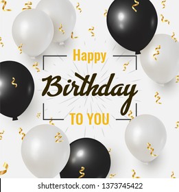 Happy Birthday celebration design with realistic Black and white balloons and falling foil confetti for greeting card, poster or banner. Vector illustration.