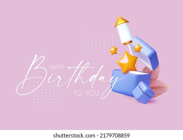 Happy Birthday! Celebration design template with open gift box, flying balloons and stars