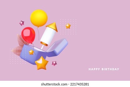 Happy Birthday! Celebration design template with open gift box, flying balloons, rocket firework and stars