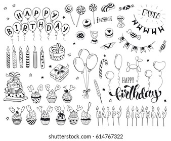 Happy birthday celebration doodle icons collection isolated on white background. Hand drawn birthday design elements for greeting cards, invitations etc. 