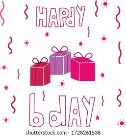 Happy Birthday celebration flat design vector greeting card on white background with gifts.