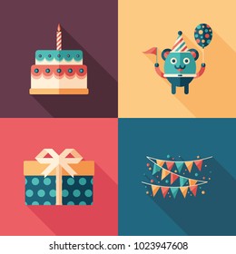 Happy birthday celebration flat square icons set.