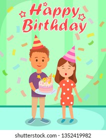 Happy Birthday Celebration with Friends and Confetti Poster Vector Illustration. Girl Blowing out Candles. Boy in Birthday Hat Holding Cake. Dessert from Bakery Shop. Spending Funny Time Together.