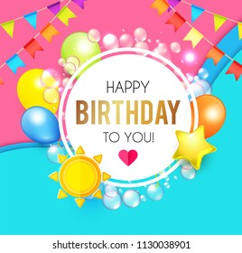 Happy Birthday! Celebration, Greeting and Invitation Card Template with Colorful Balloons on Paper Art Background. Vector illustration