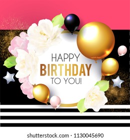 Happy Birthday! Celebration, Greeting and Invitation Card Template with Realistic Gold, Silver and Black Balloons and Tulip Flowers on Paper Art Background. Vector illustration