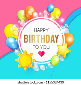 Happy Birthday! Celebration, Greeting and Invitation Card Template with Colorful Balloons on Paper Art Background. Vector illustration