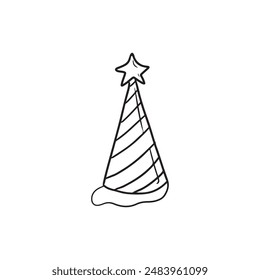 Happy birthday celebration with a birthday hat with star in black isolated on white. Hand drawn vector sketch illustration in doodle engraved vintage line art style. Holiday equipment, symbol