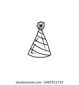 Happy birthday celebration with a birthday hat with star in black isolated on white. Hand drawn vector sketch illustration in doodle engraved vintage line art style. Holiday equipment, symbol