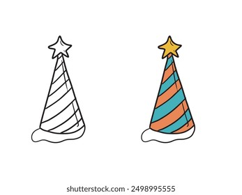 Happy birthday celebration with a birthday hat with star isolated on white. Hand drawn vector sketch illustration in doodle engraved vintage line art style. Holiday concept, equipment, coloring book.