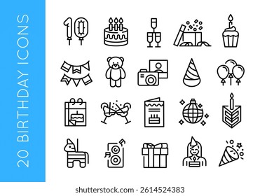 Happy Birthday celebration icons set. A set of 20 birthday icons. Birthday Party, Birthday Gift Cake, Balls. Ideal for greeting cards, party invitations, events. Vector illustration.