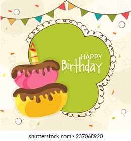 Happy Birthday celebration Invitation card decorated by delicious cake, party flag and space for your wishes.