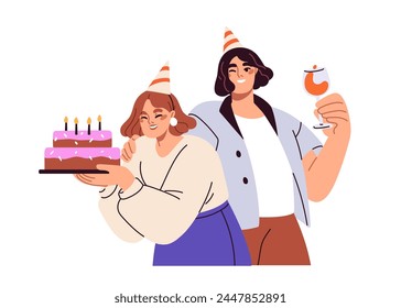 Happy birthday celebration. Joyful couple, smiling man and woman with festive bday cake, candles, wineglass. Cheerful excited people celebrating. Flat vector illustration isolated on white background