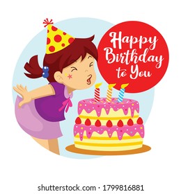 Happy Birthday celebration. Little Girl Blowing Out the Candles of Birthday Cake