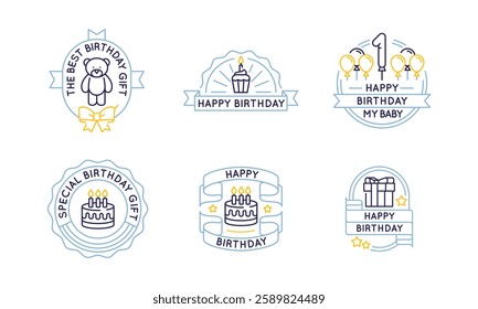 Happy Birthday celebration logos, labels, icons. A set of 6 birthday logotypes. Birthday Party, Birthday Gift Cake, Balls. Ideal for greeting cards, party invitations, events. Vector illustration.