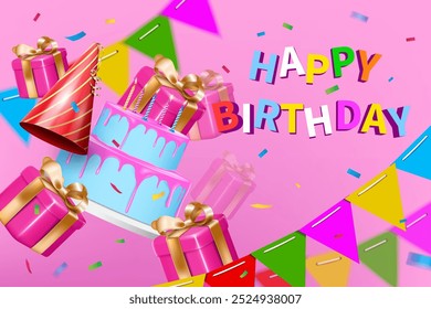 happy birthday celebration modern and creative background, greeting card, banner and poster element design vector illustration.happy birthday symbols flying on the light pink background. 