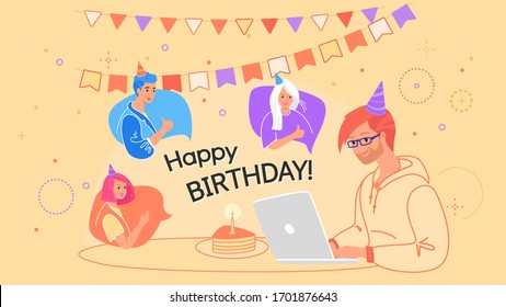 Happy birthday celebration online via video conference. Flat line vector illustration of young happy man sitting with laptop and celebrating with his friends stayed home due coronavirus quarantine