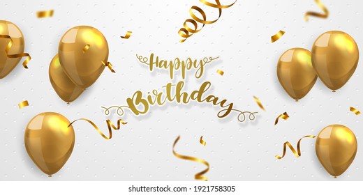 Happy Birthday Celebration party banner with Gold balloons background. Sale Vector illustration. Grand Opening Card luxury greeting rich.