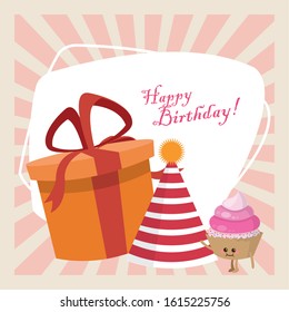 happy birthday celebration party gift box hat and kawaii cupcake vector illustration