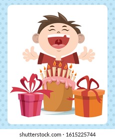 happy birthday celebration party smiling boy with sweet cake and gifts vector illustration