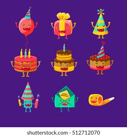 Happy Birthday And Celebration Party Symbols Cartoon Characters, Including Birthday Cake, Party Hat, Balloon, Party Horn And Fireworks