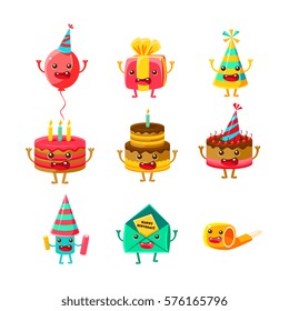 Happy Birthday And Celebration Party Symbols Cartoon Characters Set, Including Birthday Cake, Party Hat, Balloon, Party Horn And Fireworks. Colorful Humanized Associated Elements With Arms And Legs.