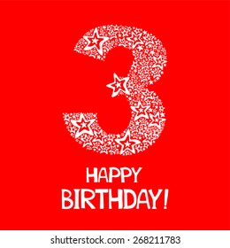 Happy Birthday. Celebration red background with number three, firework and place for your text. Vector illustration