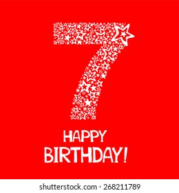 Happy Birthday. Celebration red background with number  seven, firework and place for your text. Vector illustration