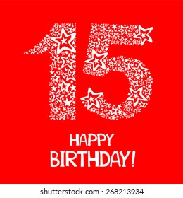 Happy Birthday. Celebration red background with number fifteen, firework and place for your text. Vector illustration